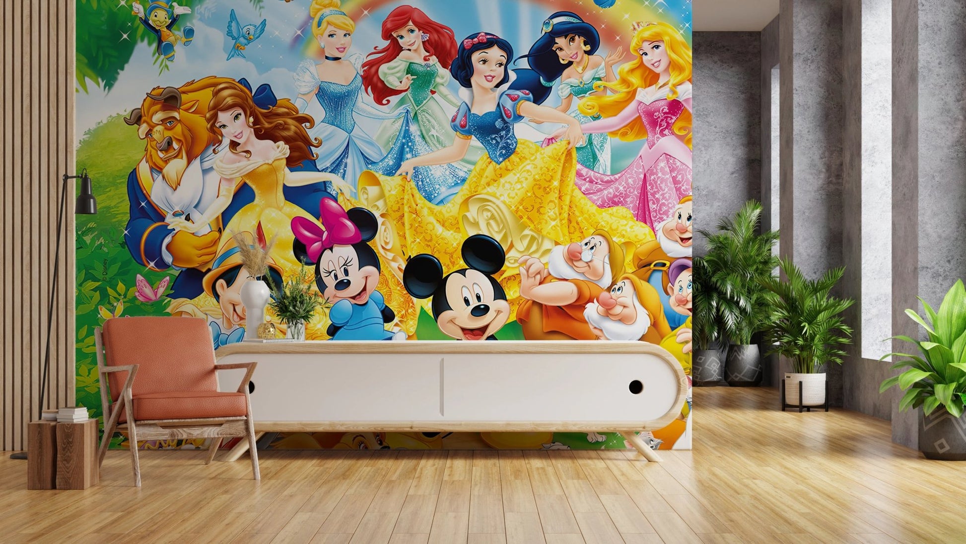 Minnie Mouse and Pinocchio among colorful birds.