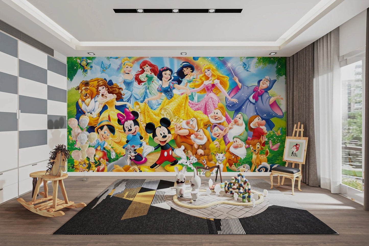 Cinderella, Ariel, and Snow White in a woodland.