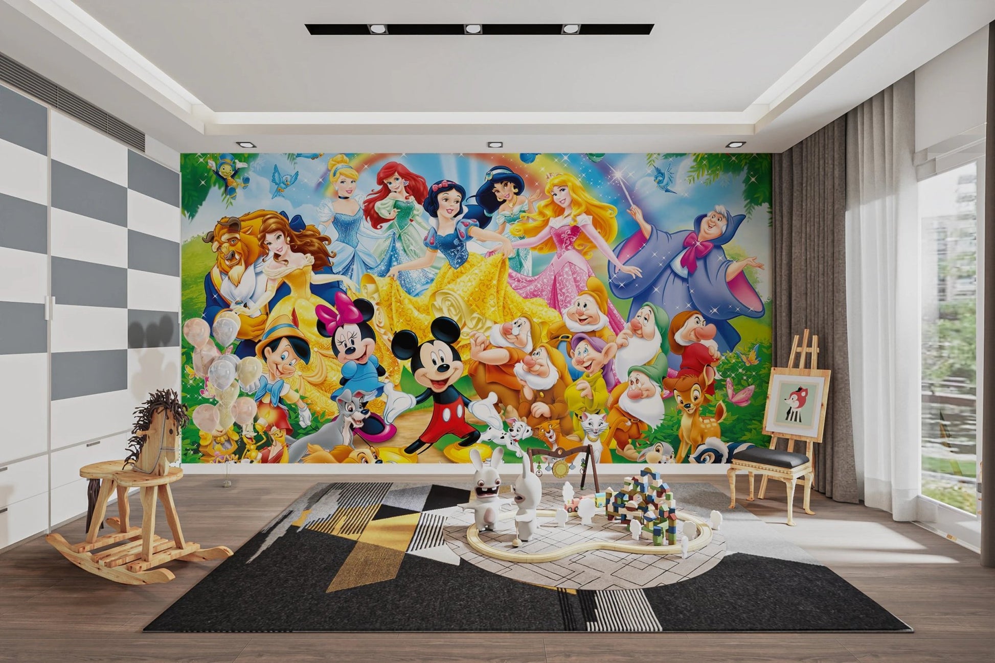 Cinderella, Ariel, and Snow White in a woodland.