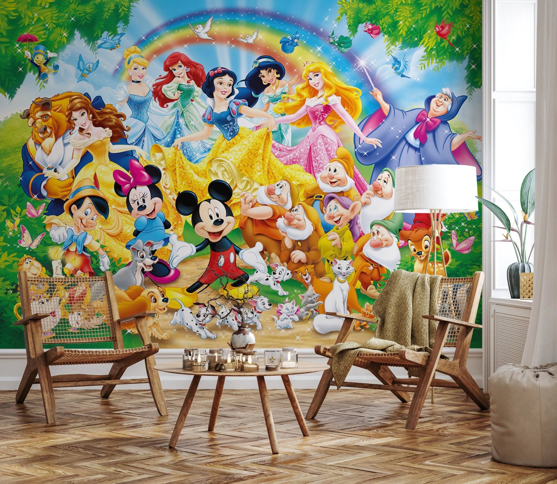 Seven Dwarfs laughing in a magical garden scene.