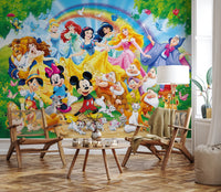 Seven Dwarfs laughing in a magical garden scene.