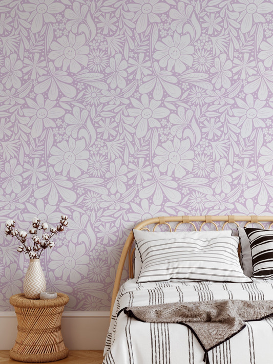 Hand-drawn daisy pattern happy blooms lilac wall mural.