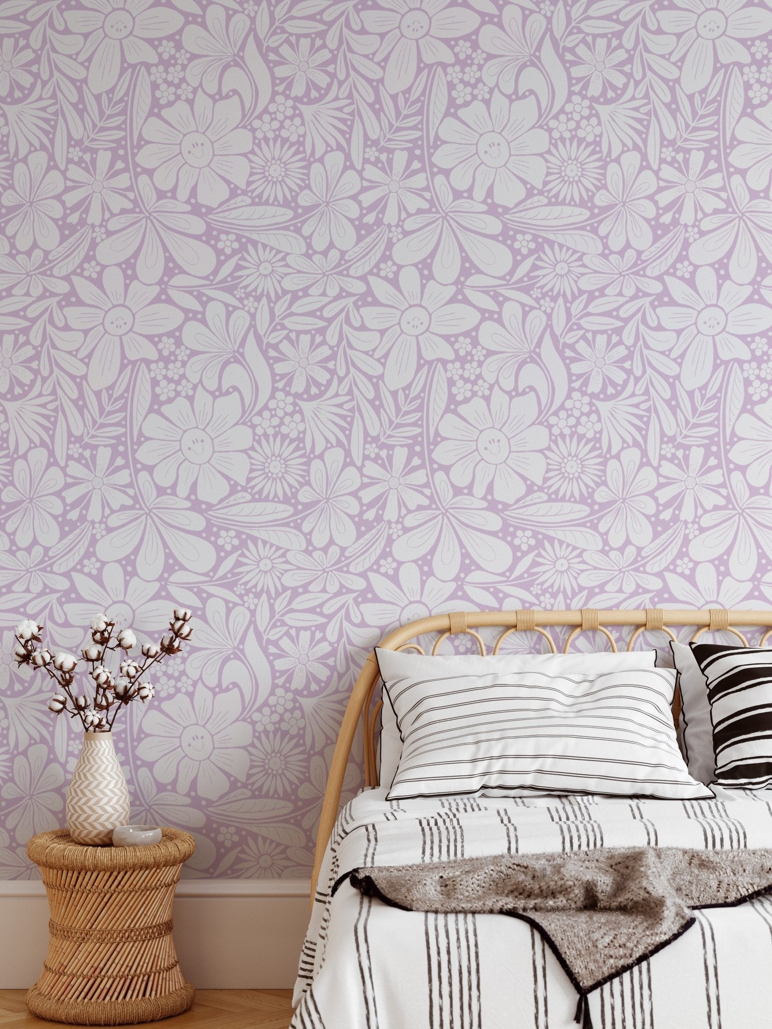 Hand-drawn daisy pattern happy blooms lilac wall mural.