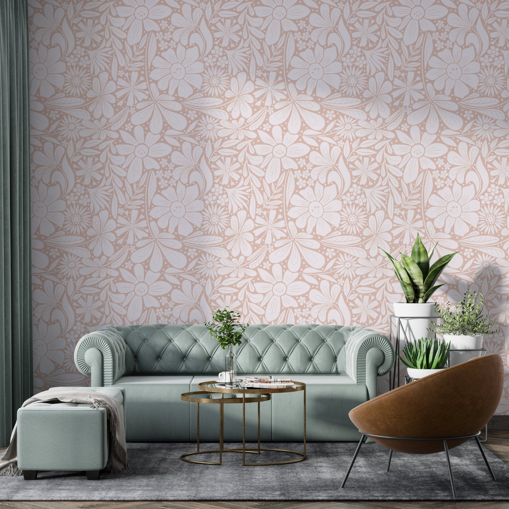 Happy blooms pastel pink wallpaper with hand-drawn floral line art.