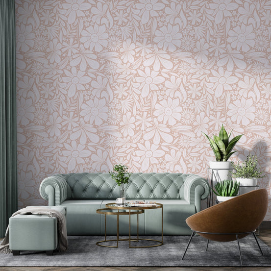 Happy blooms pastel pink wallpaper with hand-drawn floral line art.