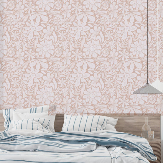 Soft pink botanical wall mural featuring a dense repeat flower pattern.