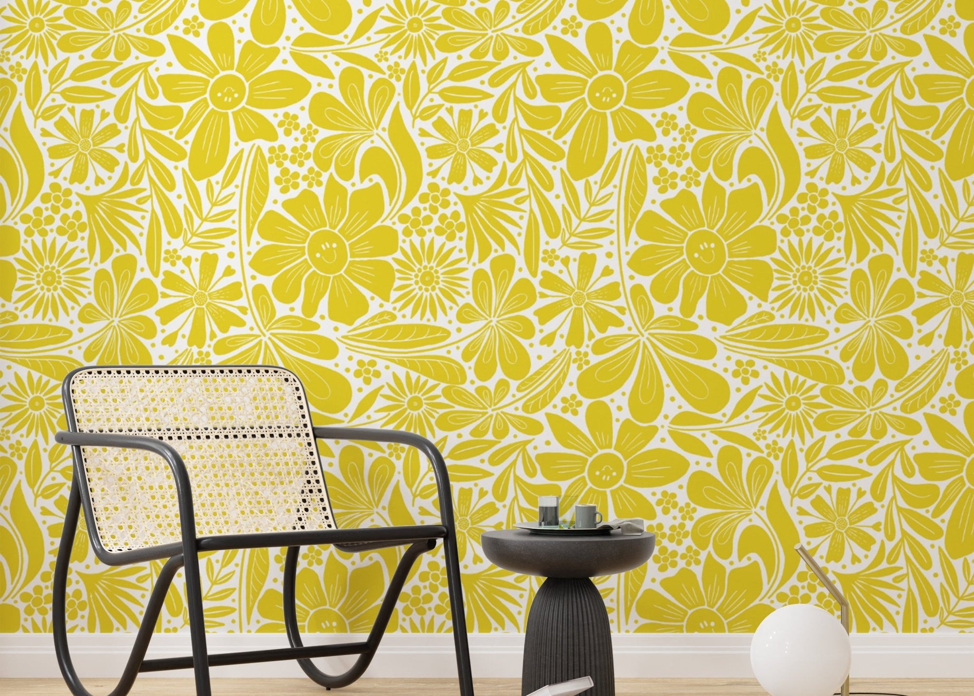 Elegant happy blooms yellow wallpaper for a decorative feature wall.