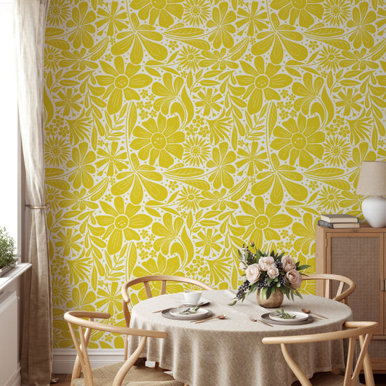 Modern botanical yellow wallpaper with a classic hand-illustrated floral layout.