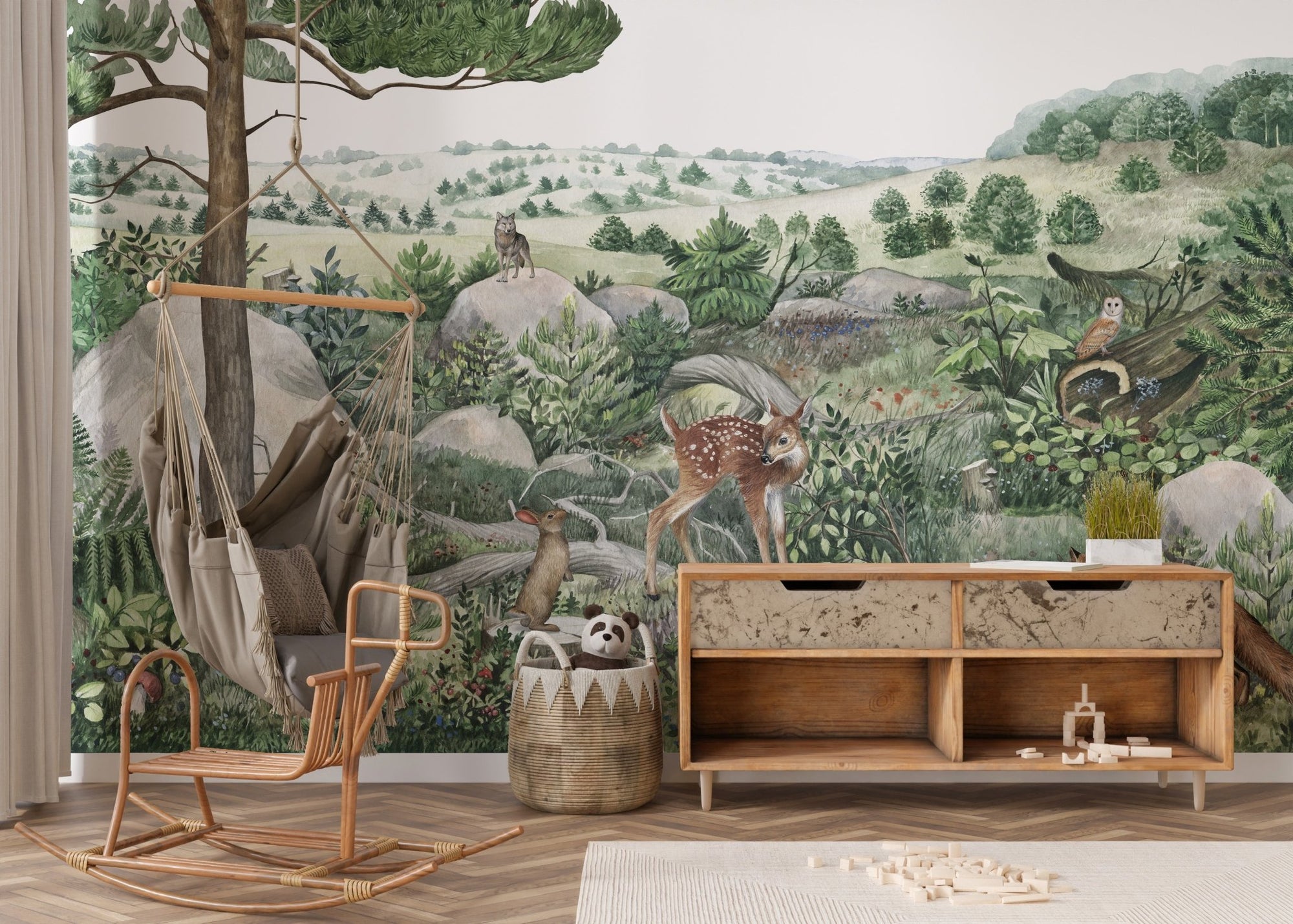 Happy hills wallpaper with forest animals in watercolor style.
