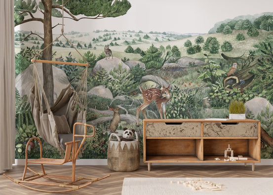 Happy hills wallpaper with forest animals in watercolor style.