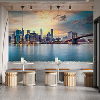 New York harbor lights wall mural featuring modern skyscrapers for dining area.