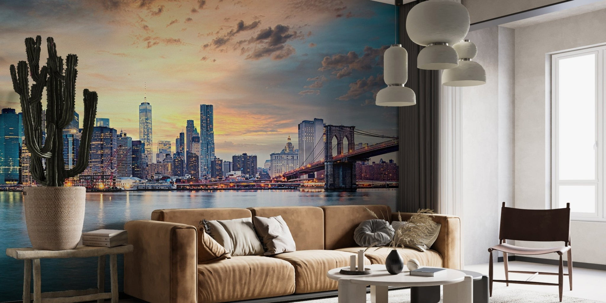 Brooklyn bridge harbor wall mural with calm water foreground.