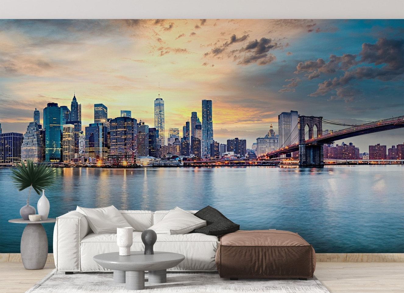 Harbor lights manhattan wall mural city skyline wallpaper in blue tones.