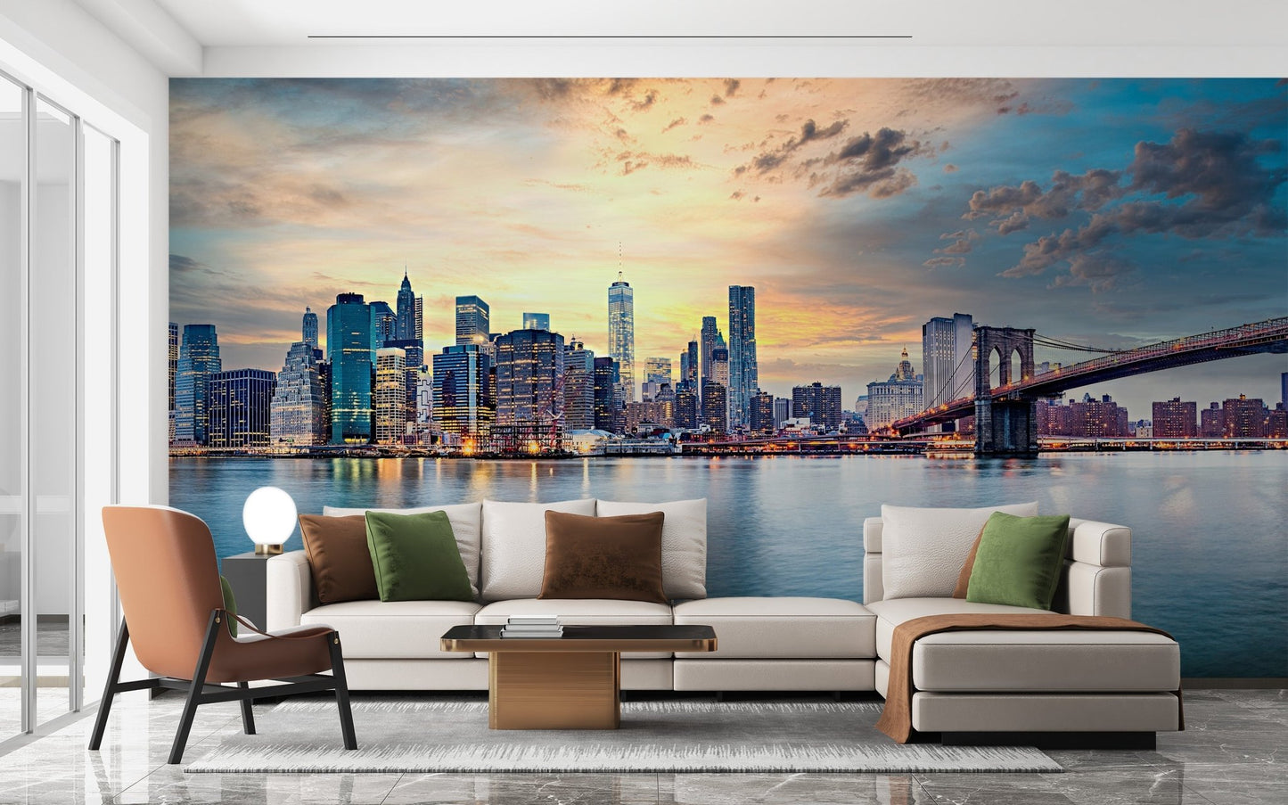 Urban skyline wall mural with warm sunset light gradient for living area interior.