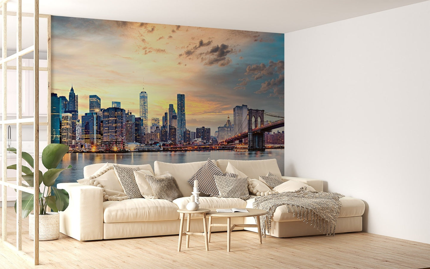Manhattan skyline sunset wall mural with bridge and waterfront view from living room.