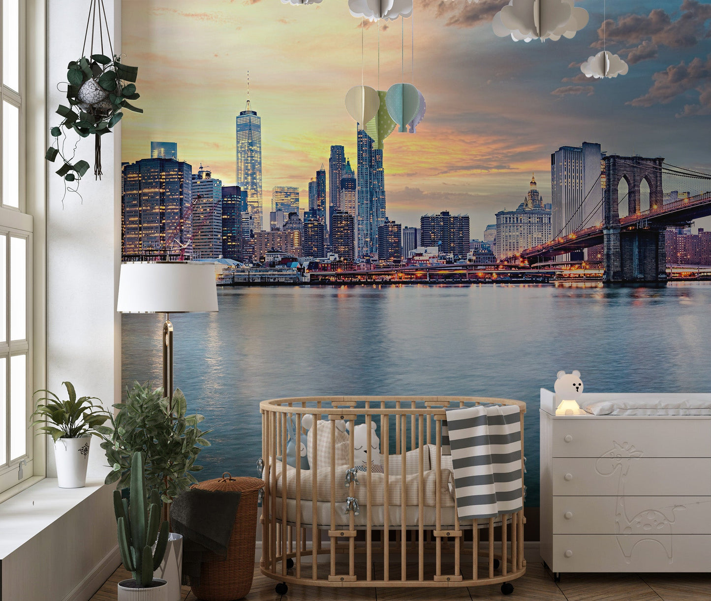 Harbor skyline wall mural featuring reflective water scene.