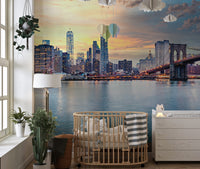 Harbor skyline wall mural featuring reflective water scene.