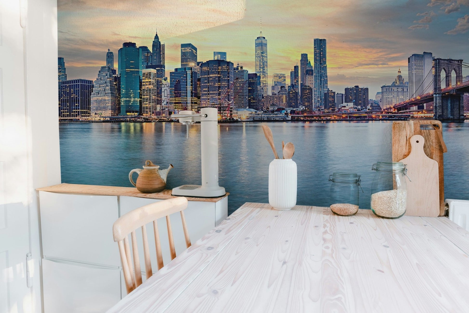 Contemporary Manhattan skyline mural with blue and orange color for kitchen walls.