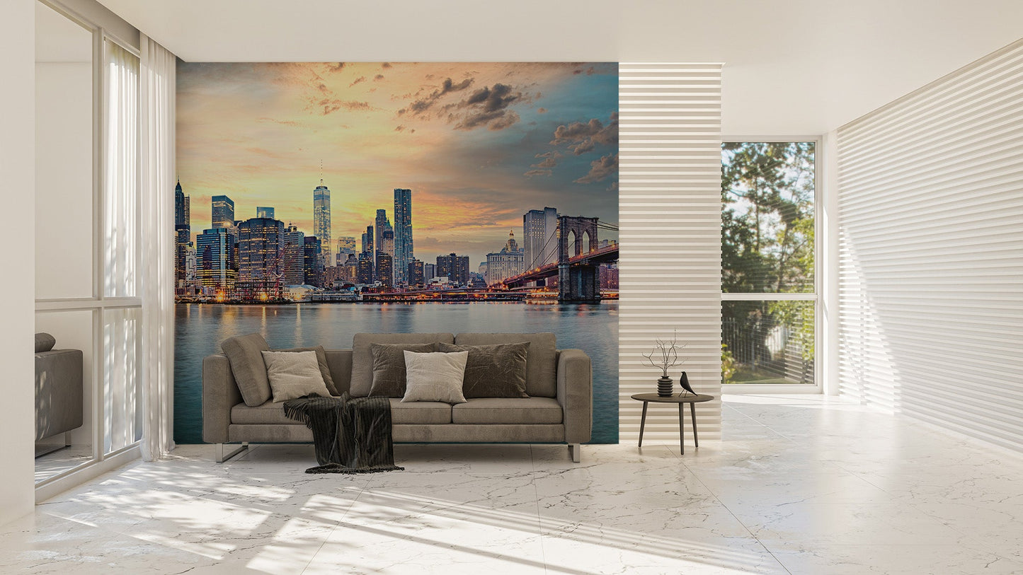 Wide city panorama wall mural with illuminated harbor lights.