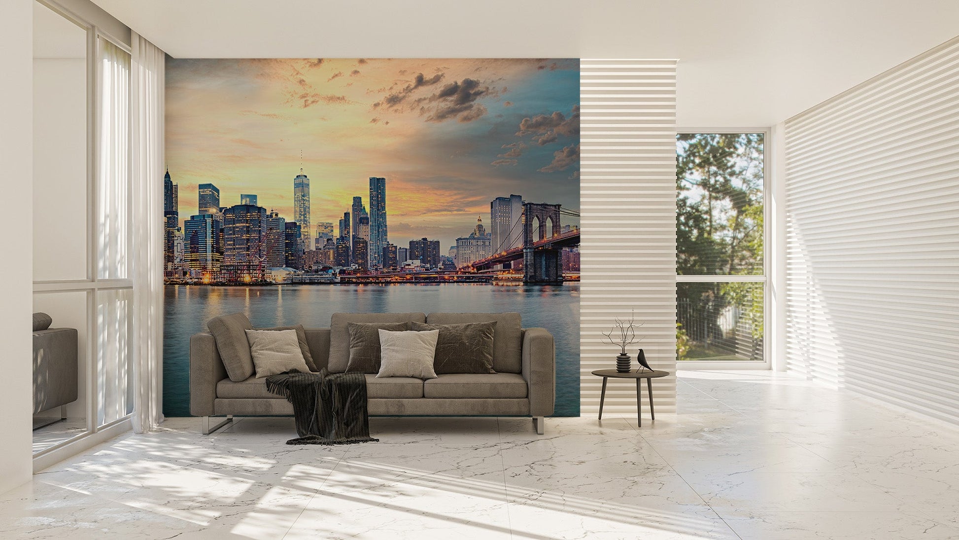 Wide city panorama wall mural with illuminated harbor lights.
