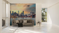 Wide city panorama wall mural with illuminated harbor lights.