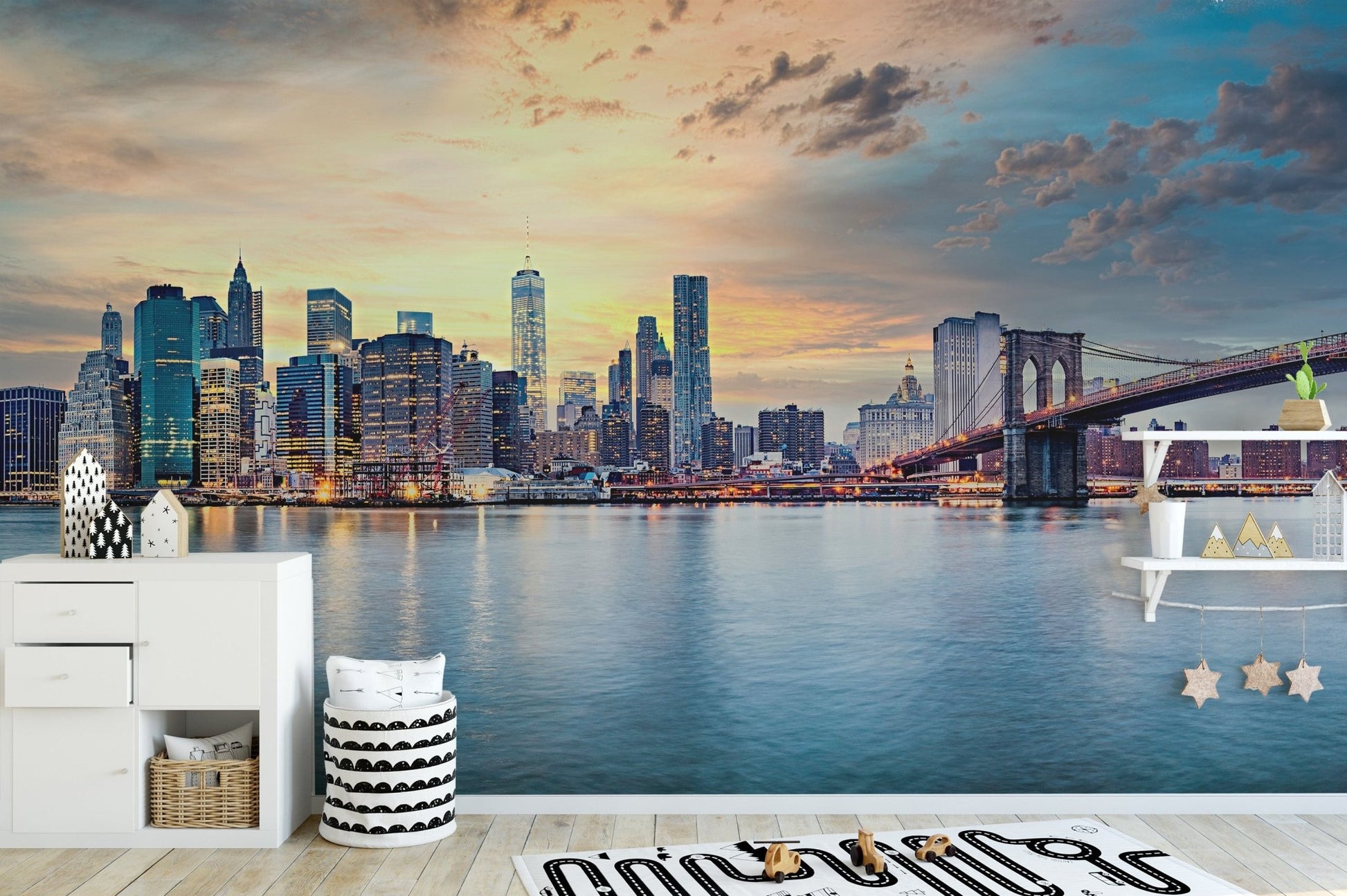 Modern urban manhattan wall mural with bridge detail for kids room.