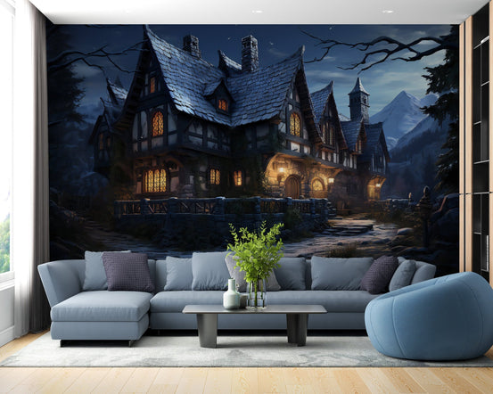 Cinematic fantasy village haunted wallpaper for a unique feature wall.