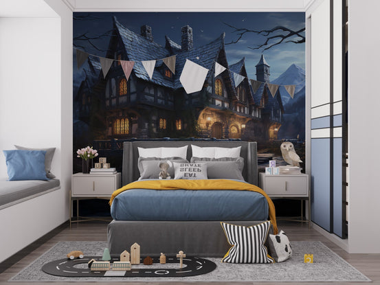 Haunted cottage wallpaper mural featuring a gothic manor at twilight.
