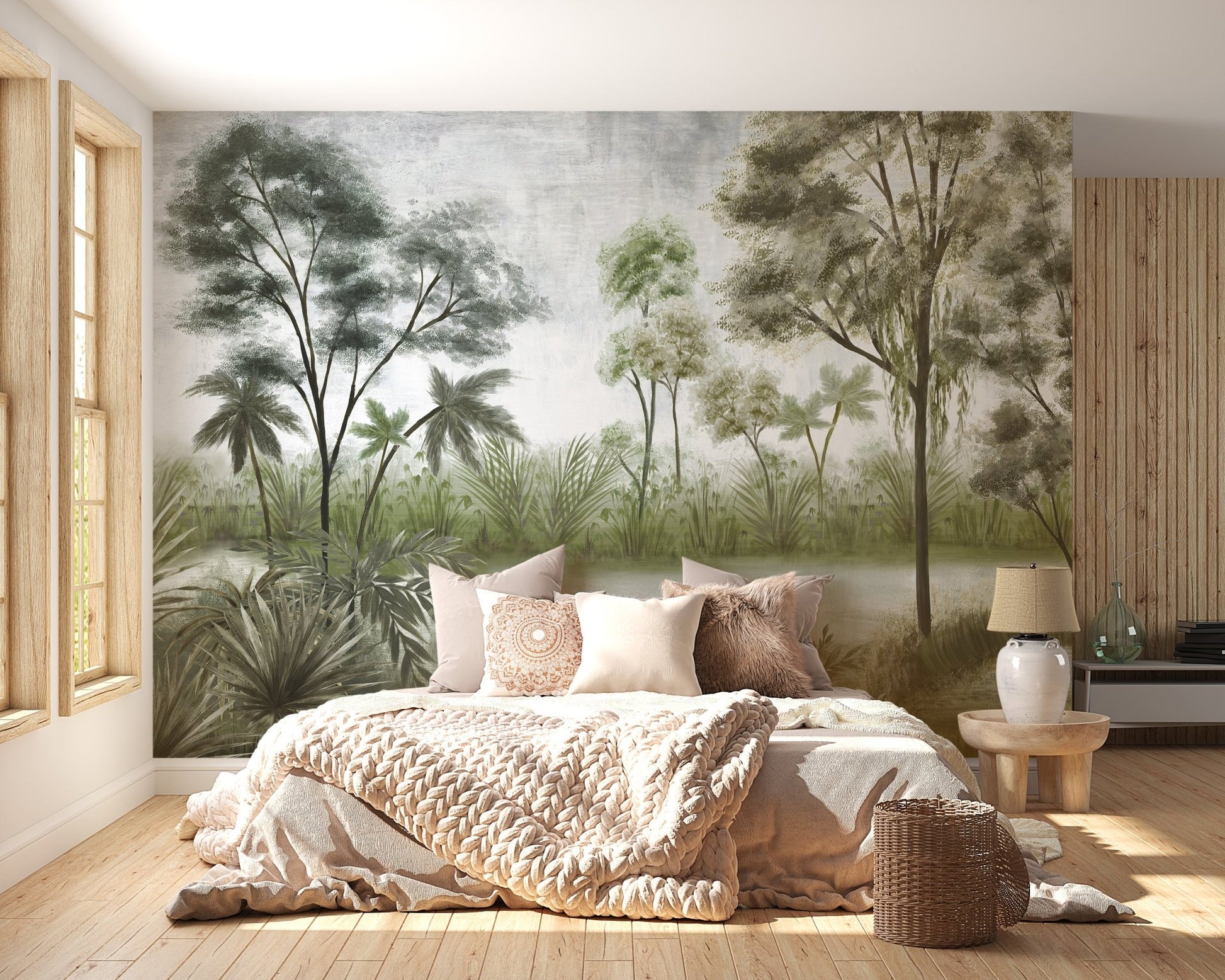 Green forest wall mural behind a large bed with beige linens in bedroom.