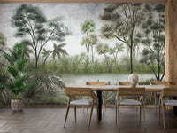 Hazy Forest Wall Mural in a dining room with a wooden table and chairs.