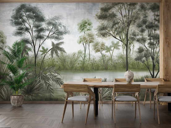 Hazy Forest Wall Mural in a dining room with a wooden table and chairs.
