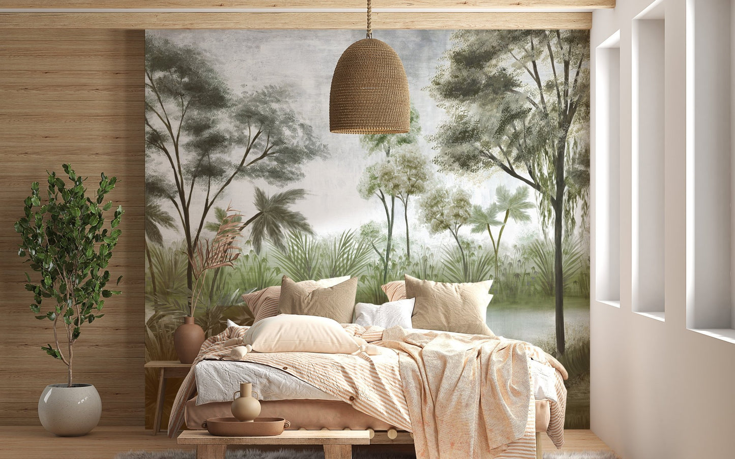 Forest themed wall mural in a bedroom with a hanging wicker lamp and plants.
