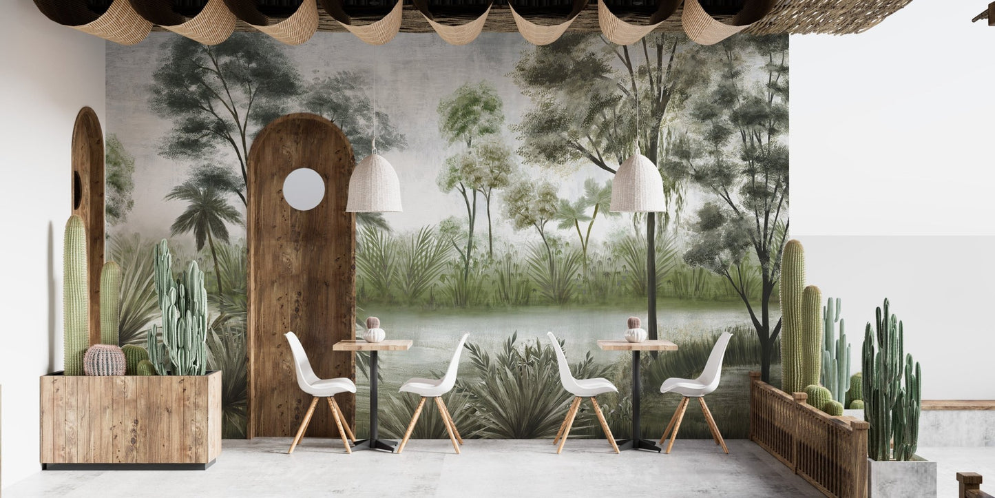 Outdoor patio area featuring a tropical forest wall mural and cafe seating.