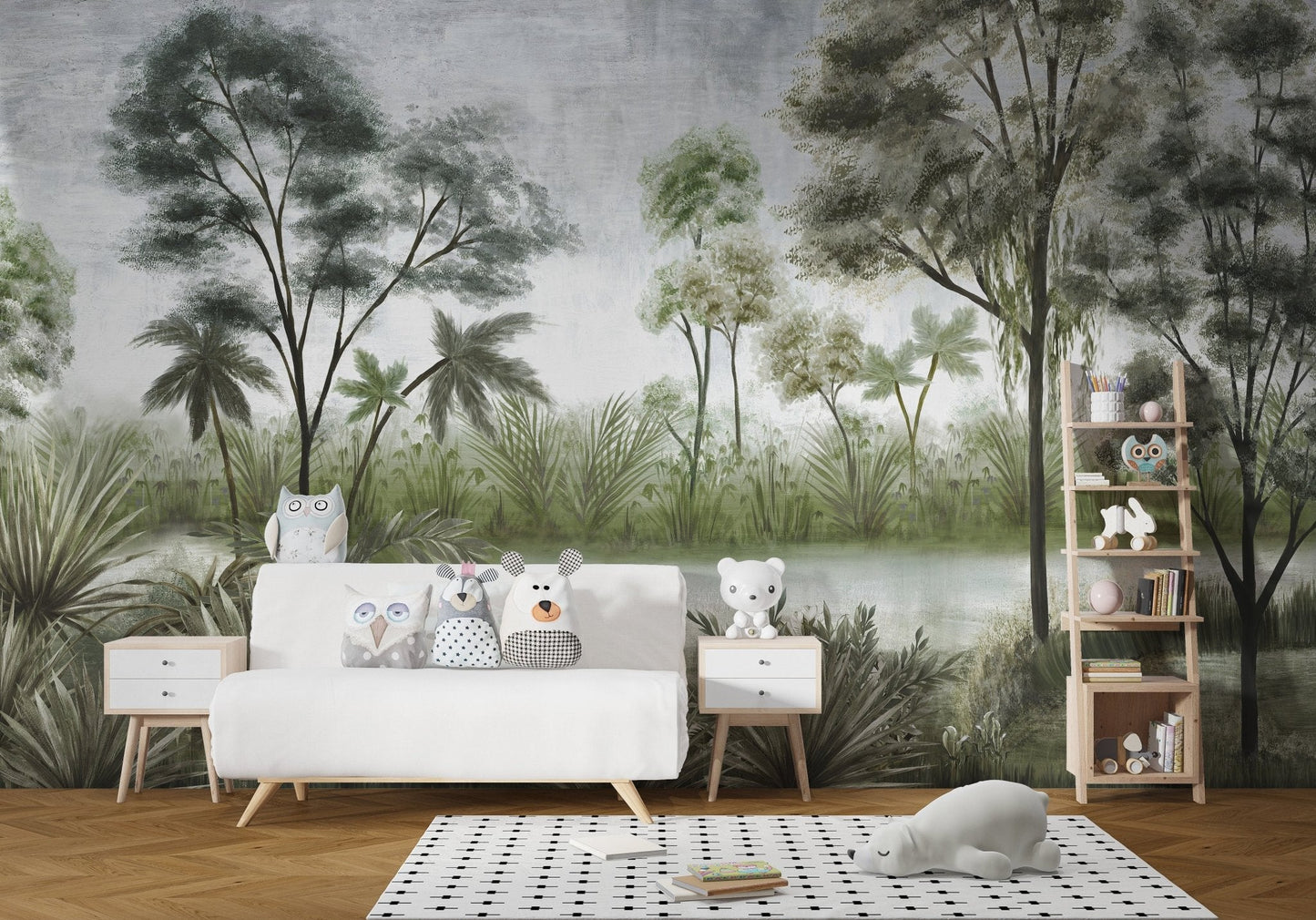 Tropical forest wall mural in a nursery featuring a white dresser and lamp.