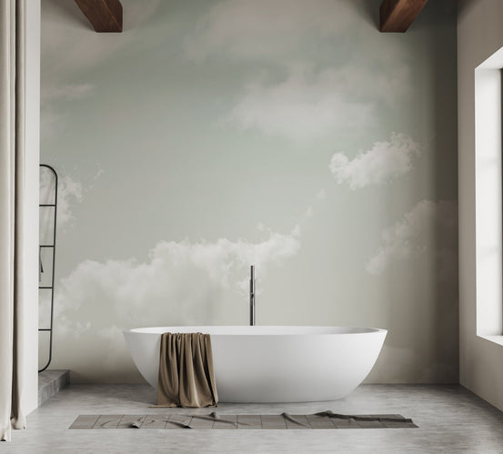 Heavenly Horizons Wall Covering Murals in a bathroom with a white freestanding bathtub.