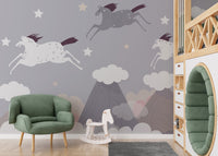 Dynamic horse herd wall mural for elegant and timeless nursery interiors.
 