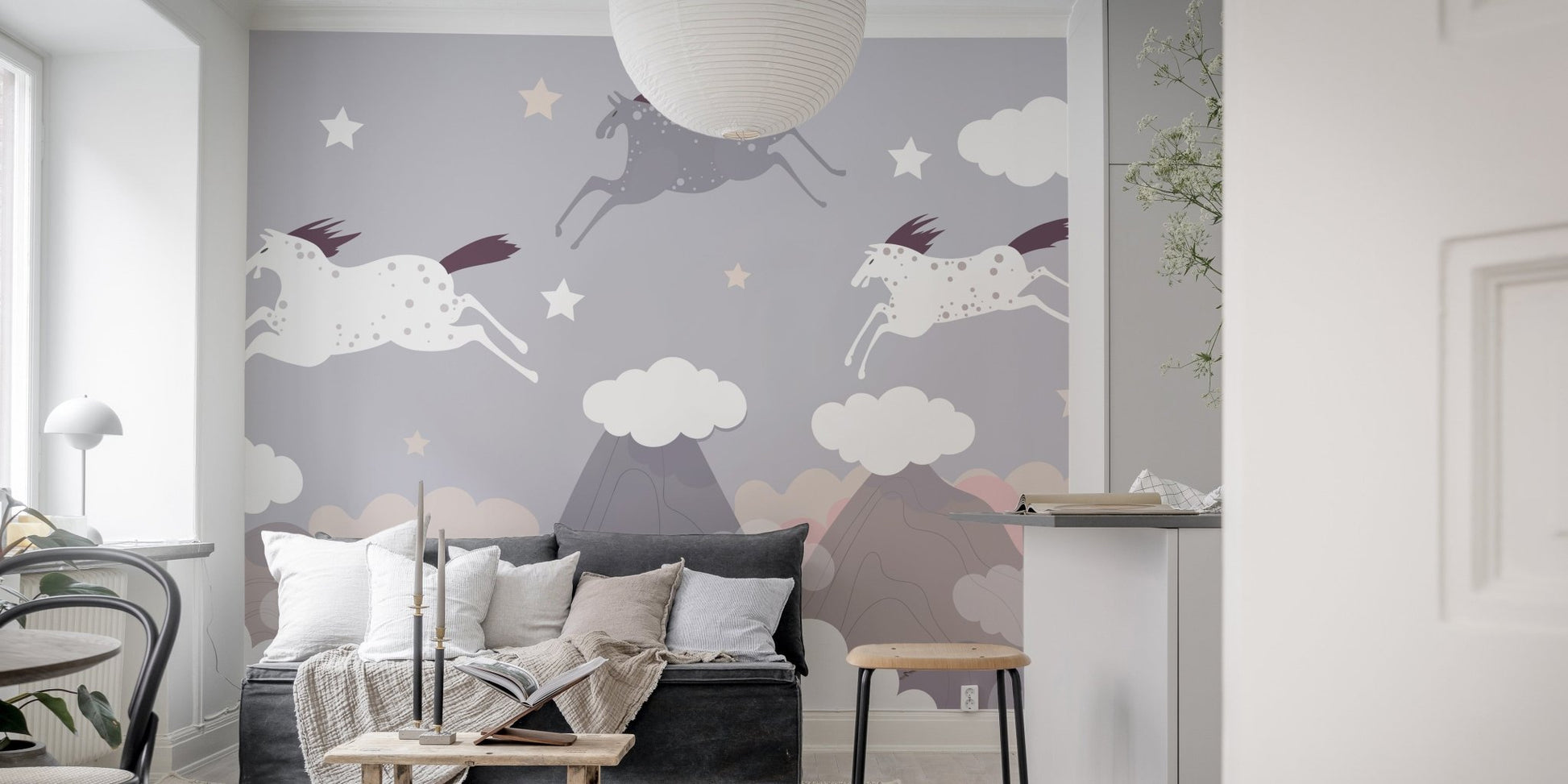 Horse mural featuring a heavenly scene with a running herd in living room.
