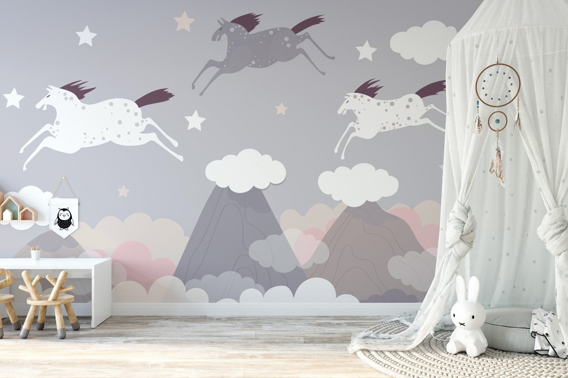Majestic horse herd mural with a serene, heavenly ambiance in kids room.
