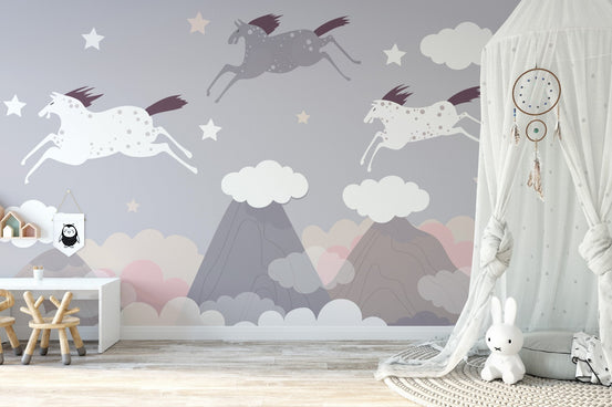 Majestic horse herd mural with a serene, heavenly ambiance in kids room.
