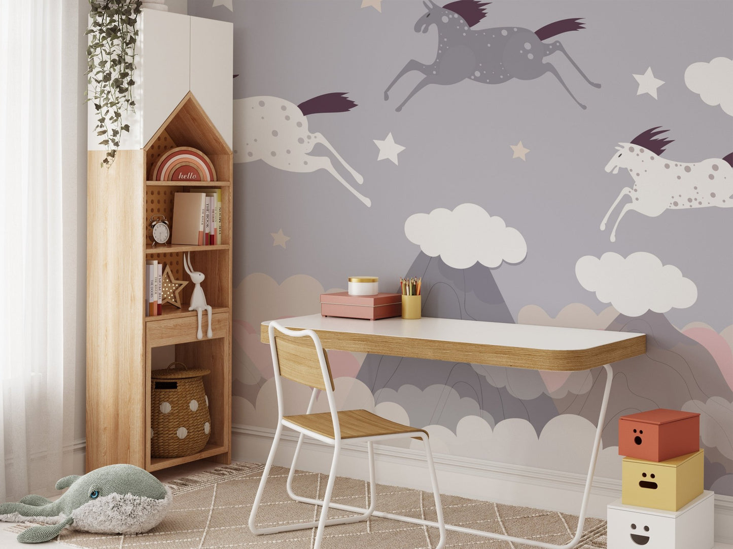 Heavenly horse mural creating a peaceful and majestic vibe in study area.
