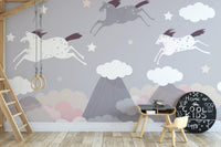 Tranquil horse herd wall mural for a serene and artistic kids space.
