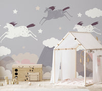 Horse wall mural featuring a tranquil and heavenly herd design in nursery.
