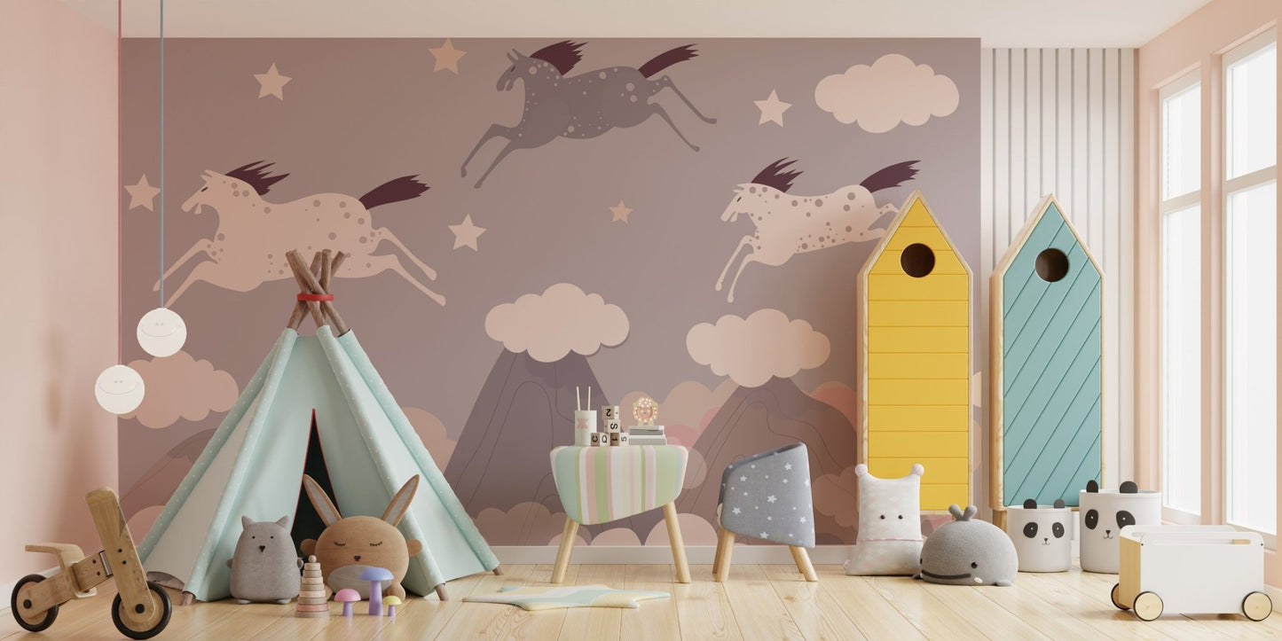 Elegant horse herd mural for nature-inspired playroom interior.
