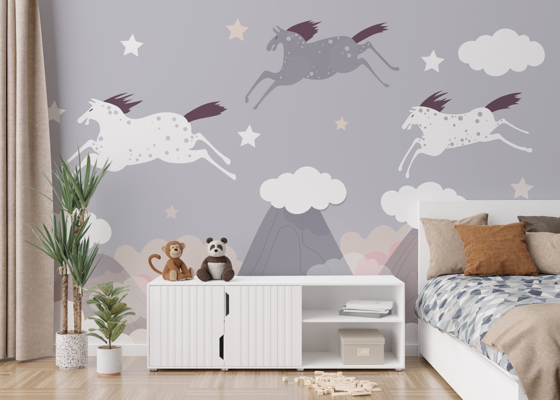 Captivating mural of a horse herd in kids bedroom.
