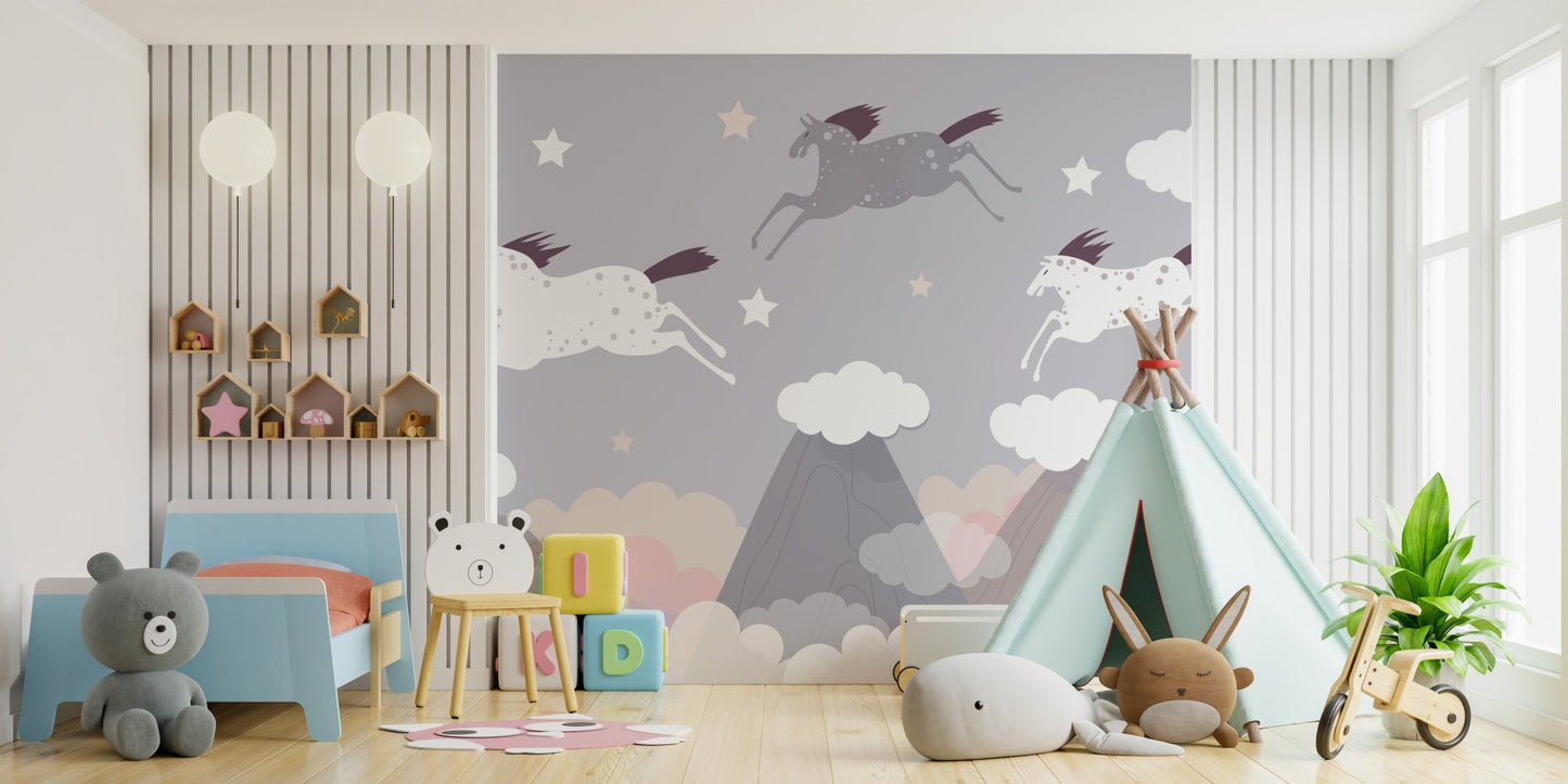 Heavenly horse wall mural showcasing a graceful herd in motion behind blue tent.
