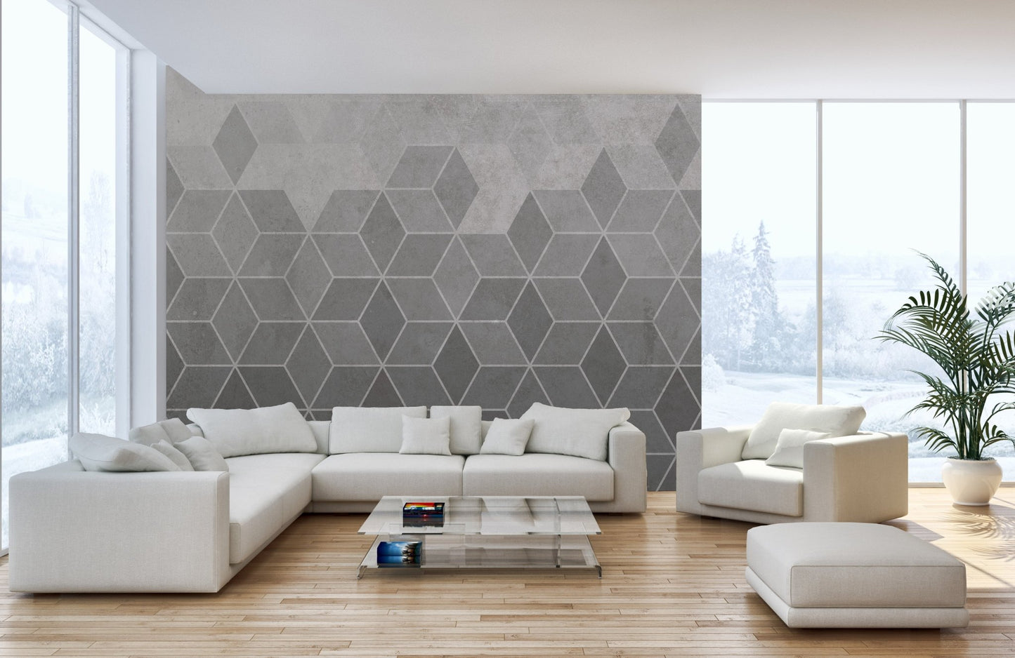 Modern living area with a white sectional sofa and grey hexagon pattern wall mural.