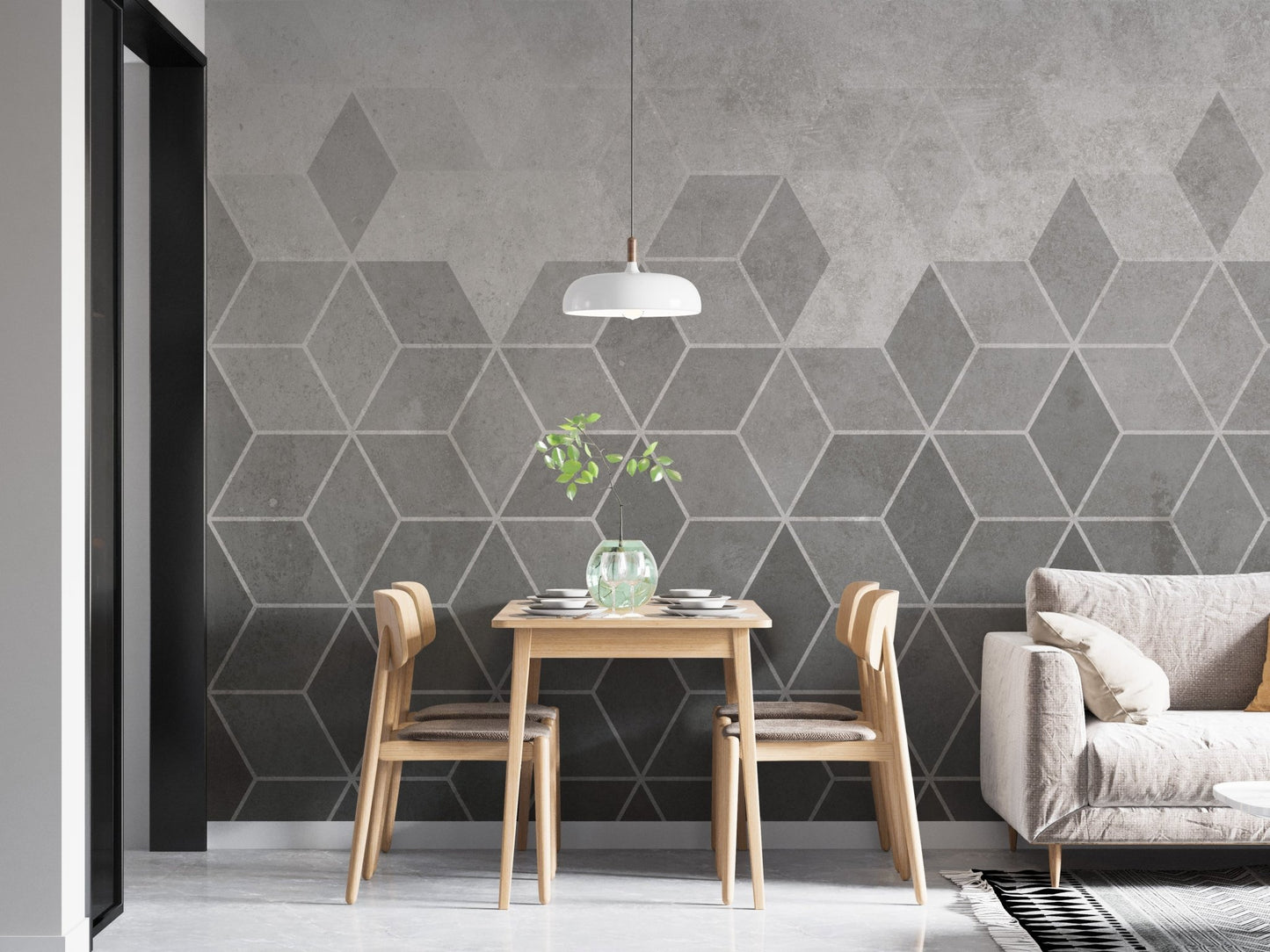 Concrete effect wall mural in a dining room featuring a wooden table and chairs.