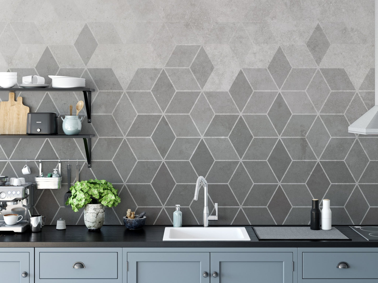 Kitchen splashback area with grey concrete tiles effect wall mural.
