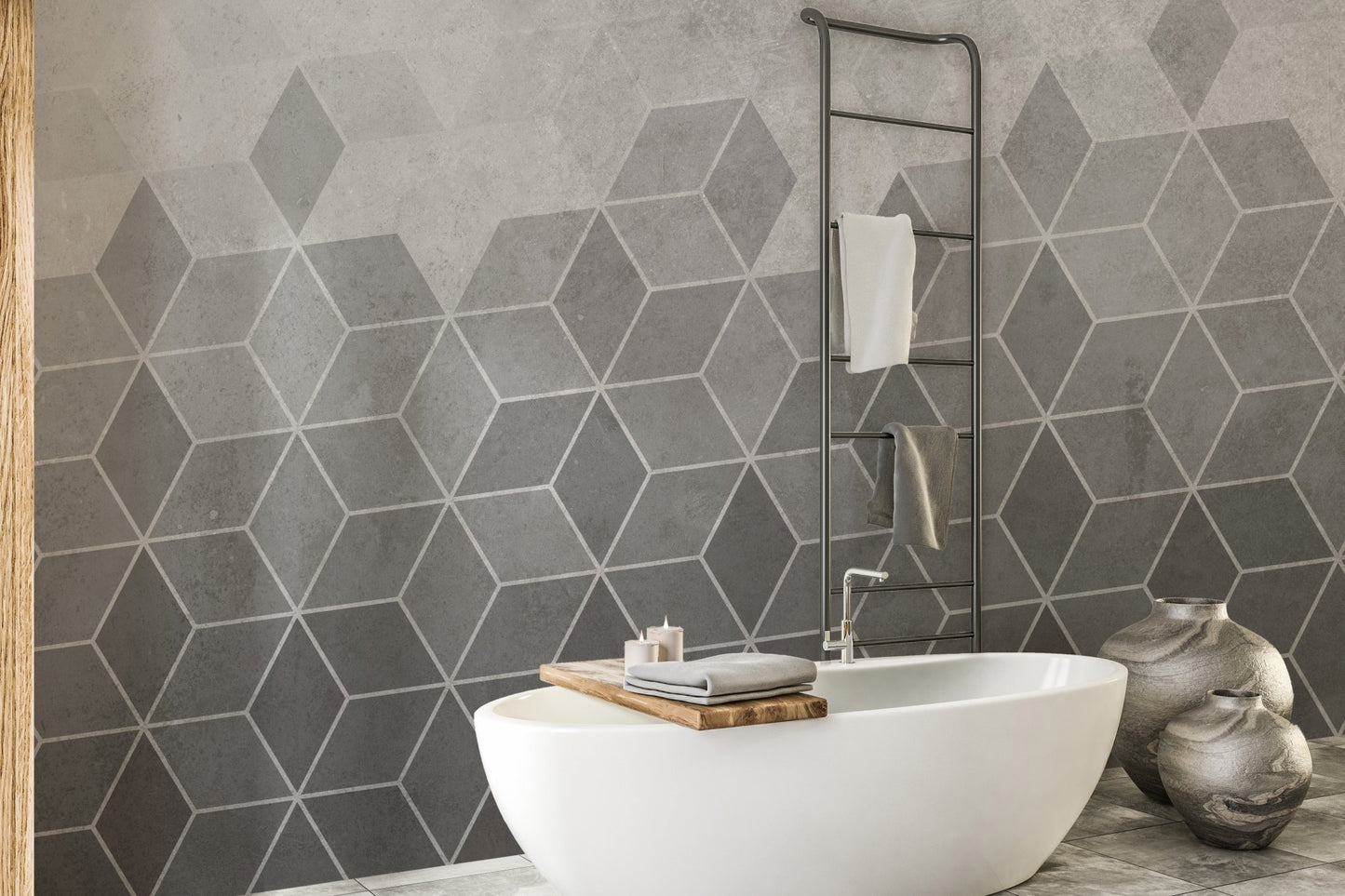 Hexagon Concrete Charm wall mural in a minimalist bathroom with white oval tub.