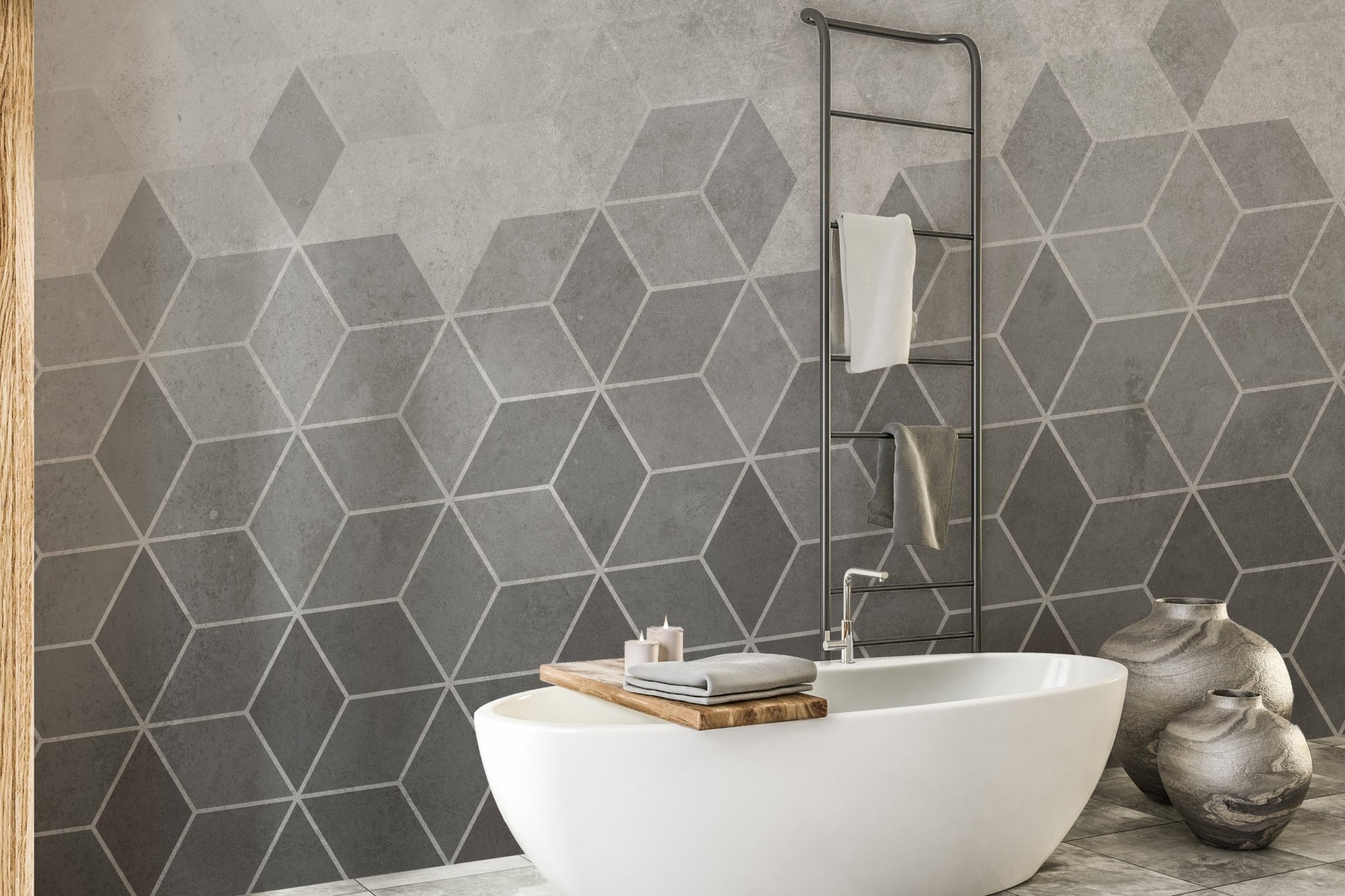 Hexagon Concrete Charm wall mural in a minimalist bathroom with white oval tub.